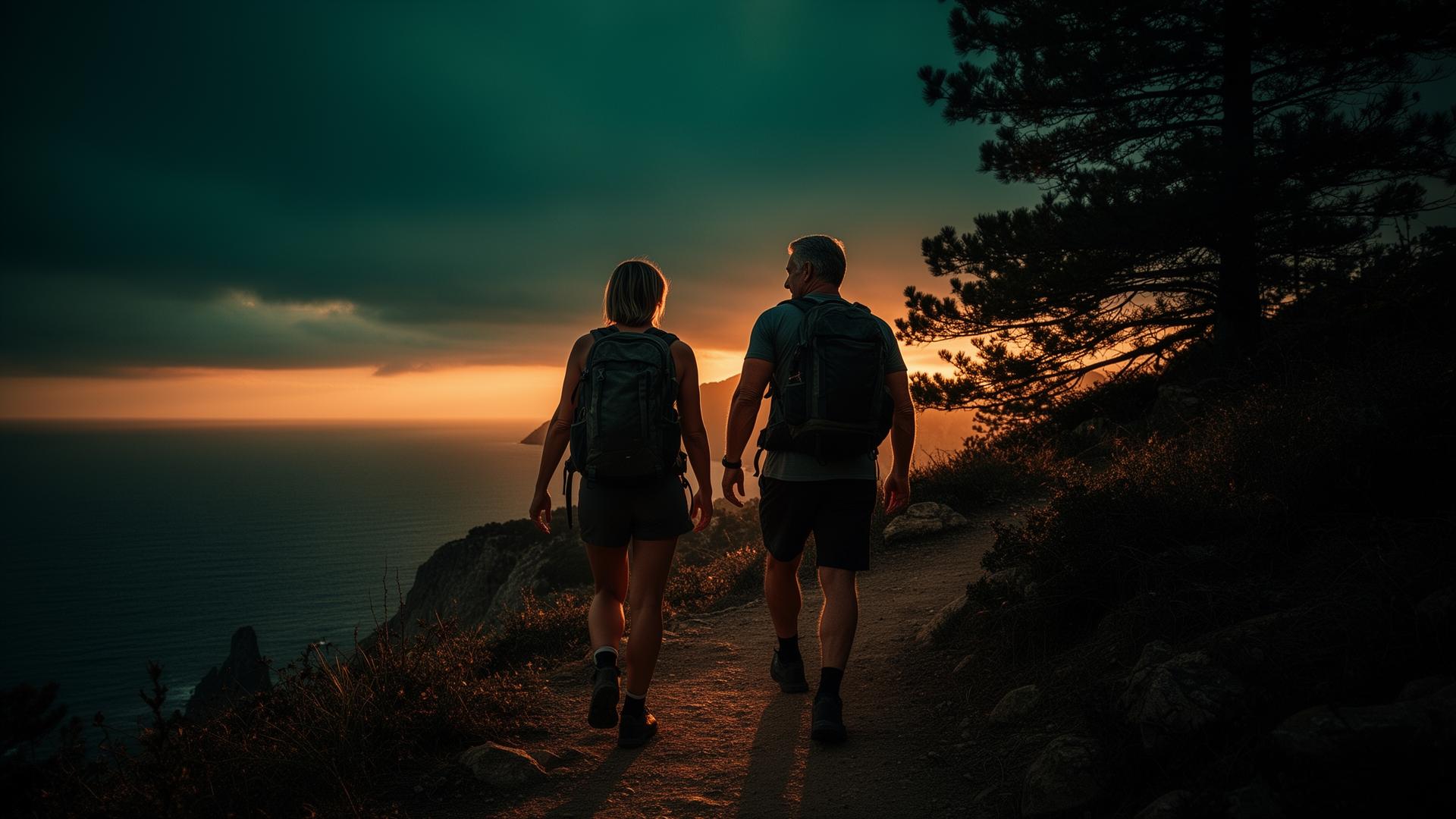 A couple hiking on a coastal trail at golden hour